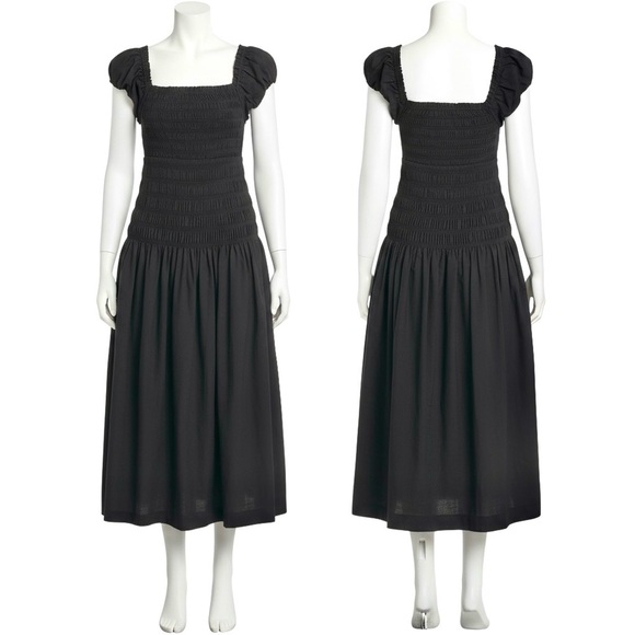 Caroline Constas Women’s Cotton Shirred Bodice Short Puff Sleeve Midi Dress NEW - Picture 14 of 16